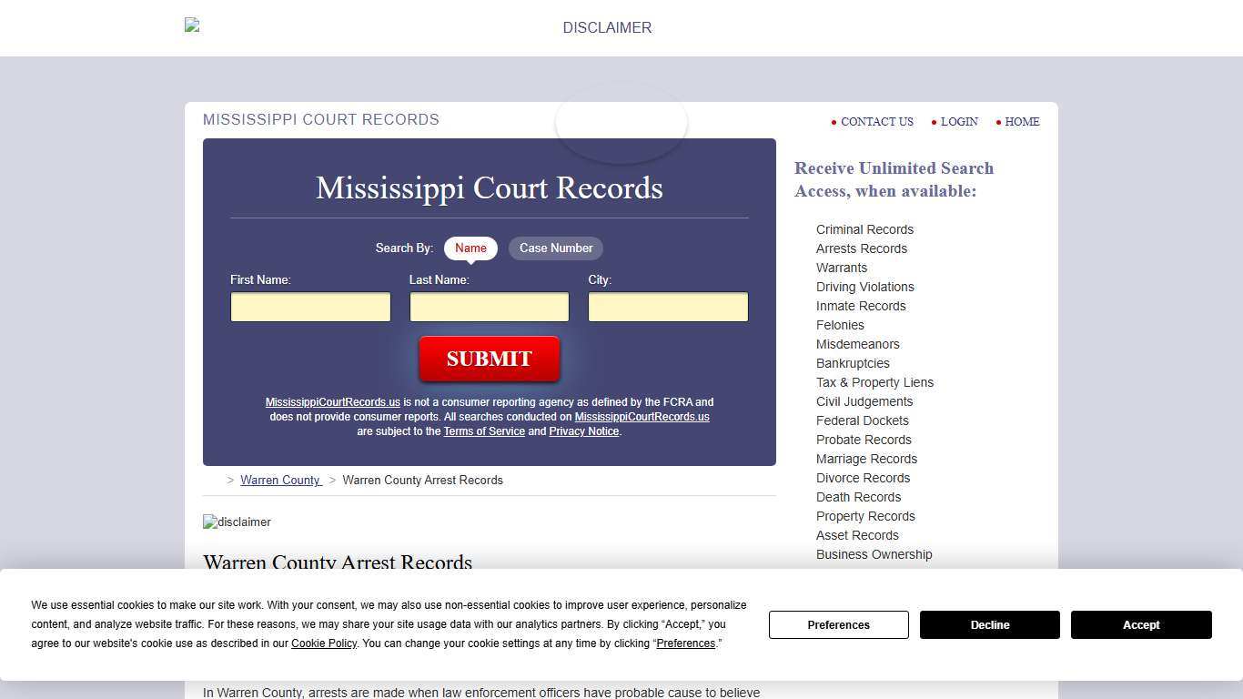 Warren County Arrest Records MississippiCourtRecords.us